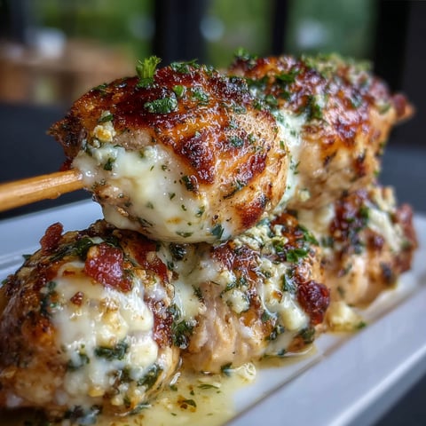 Garlicky mozzarella chicken skewers on a wooden stick, all ready to eat.