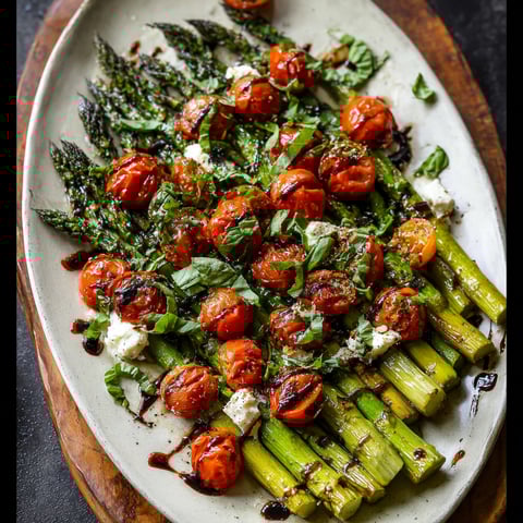 A dish of Caprese Roasted Asparagus with tomatoes and cheese.