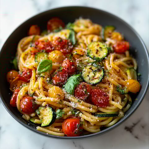 A bowl of pasta with tomatoes, zucchini, and basil.