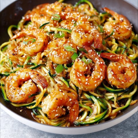 A bowl of stir fry teriyaki shrimp with zucchini noodles.