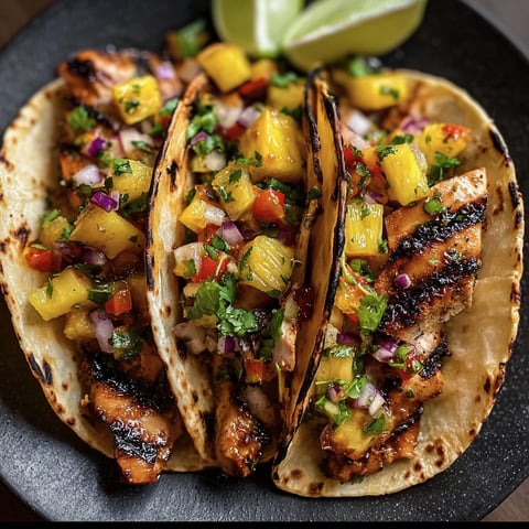 A delicious meal of Teriyaki Chicken Tacos with Grilled Pineapple Pear Salsa.