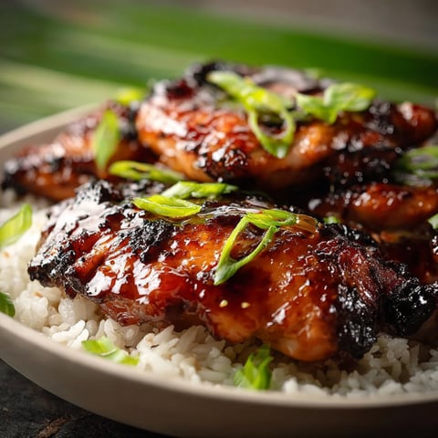 Chicken with a sweet sauce and rice on the side, all on a plate.