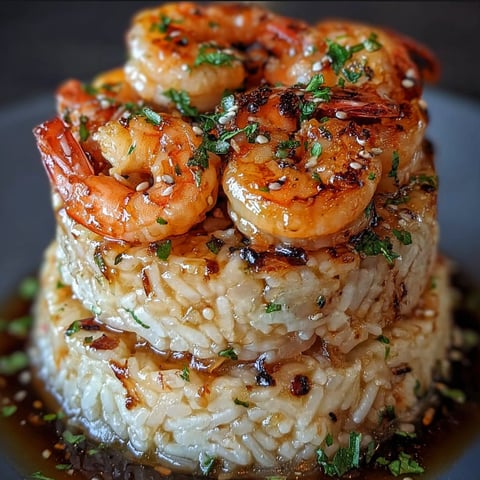 A delicious Garlic Butter Shrimp and Rice Stack is presented on a plate, featuring a generous amount of shrimp and rice.