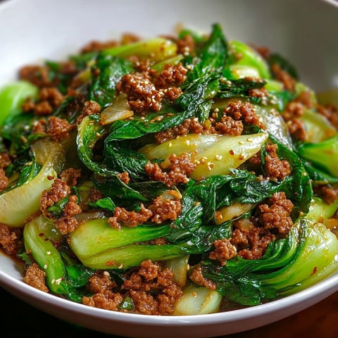 A white bowl filled with a stir-fried dish containing bok choy and ground meat.