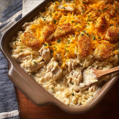 A delicious creamy chicken and rice casserole is served in a glass dish.