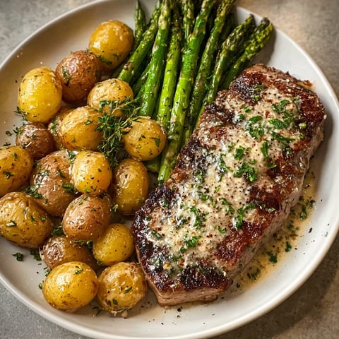 A delicious meal of steak, potatoes, and asparagus, all covered in a creamy garlic Parmesan sauce.