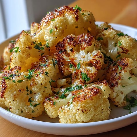 A plate of garlic and Parmesan cheese-covered cauliflower florets.