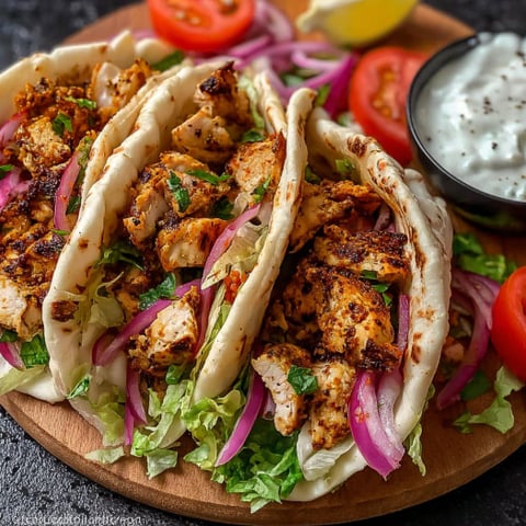 A delicious chicken shawarma meal with fresh vegetables and a side of tzatziki sauce.