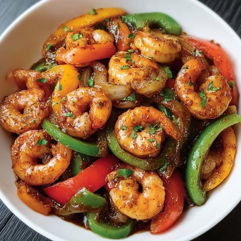 A bowl filled with shrimp and bell peppers, ready to be cooked.