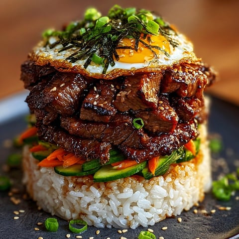 A delicious Korean BBQ Beef Rice Stack is served on a plate with rice and vegetables.
