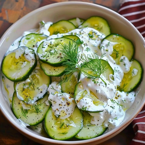 A bowl of cucumber salad with a dollop of sour cream on top.