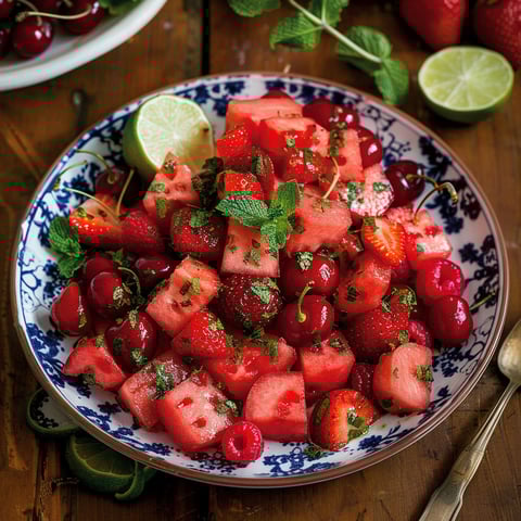 A plate of watermelon fruit salad with lime mint dressing.