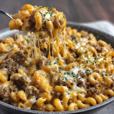 Bowl filled with melty cheese, steak-style ground beef, and pasta up close.