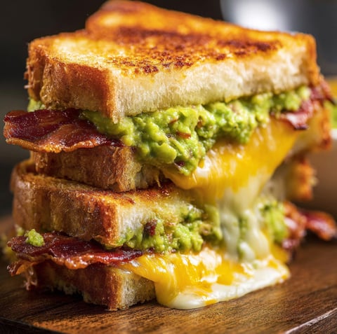 Super close-up of a loaded bacon guacamole grilled cheese sandwich.