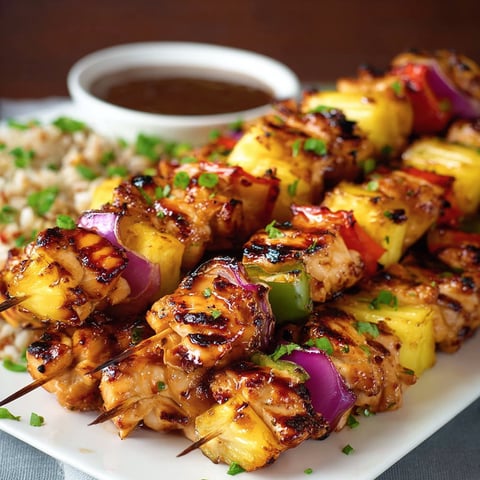 Colorful Hawaiian chicken kebabs on a plate with rice and a little dip.