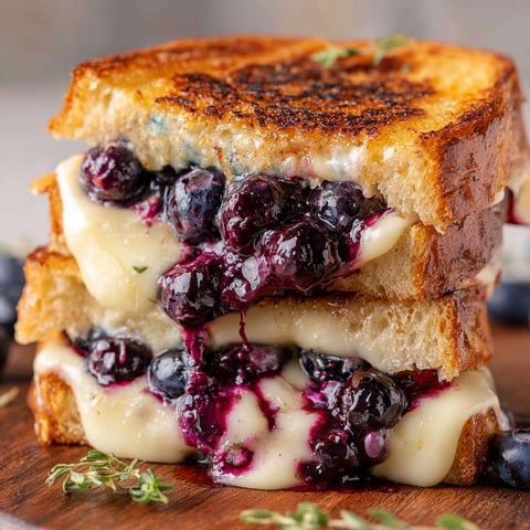 A tempting Blueberry Brie Grilled Cheese sandwich sits stacked neatly on a wooden board.