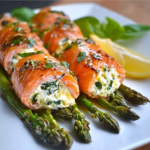 Lemon Basil Salmon Rolls are served on a white plate with a lemon wedge and a sprig of basil.