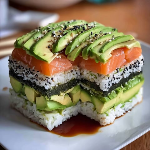 A delicious Avocado Layered Sushi Cake is presented on a white plate.