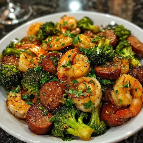 A bowl of shrimp, sausage, and broccoli with a honey garlic sauce.