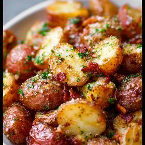 A delicious dish of roasted garlic butter Parmesan potatoes.