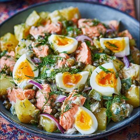 A dish of Russian Salmon Potato Salad with Soft-Boiled Eggs.