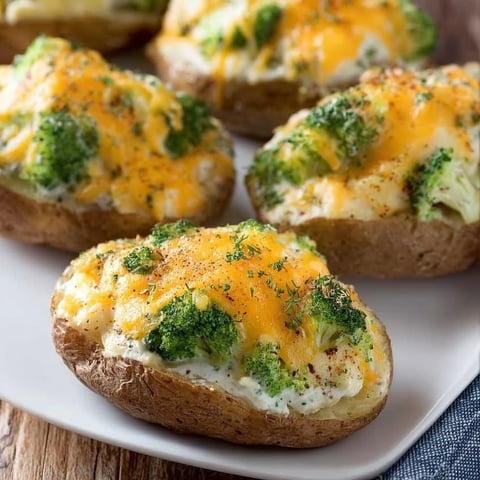 A plate of Twice-Baked Cheesy Broccoli Potatoes.
