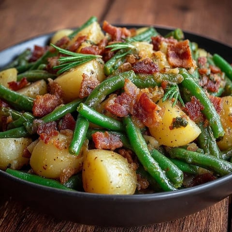 A delicious meal of green beans and potatoes with bacon.