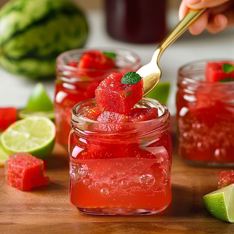 A person is scooping watermelon out of a jar and placing it on a plate.