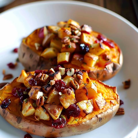 A plate of twice-baked sweet potatoes with cranberry and apple toppings.