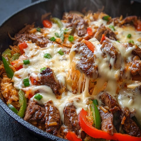 Super tasty skillet piled high with steak, cheese, and colorful peppers.