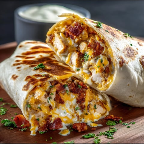 This tasty wrap has chicken, bacon, and ranch, ready on a wooden table with a bowl of ranch for dipping.