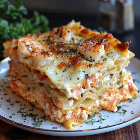 A delicious seafood lasagna with shrimp and crab toppings.