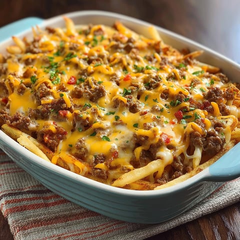 Dig into this mouthwatering Cheeseburger French Fry Casserole, baked and ready for the table.