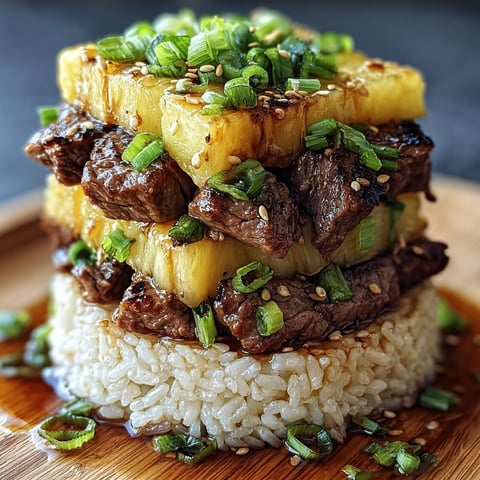 A stack of rice with beef and pineapple on top, served in a bowl.