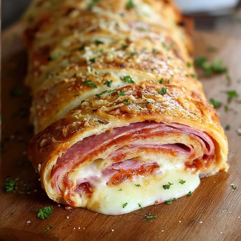A delicious Italian Stromboli is sliced and ready to be enjoyed.