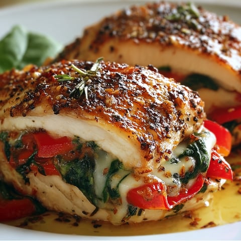 A plate of stuffed chicken with spinach and mozzarella cheese, topped with a roasted red pepper.