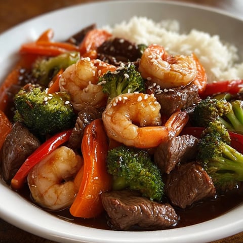 A plate of Sweet and Savory Hoisin Beef, Shrimp, and Veggies is served on a wooden table.