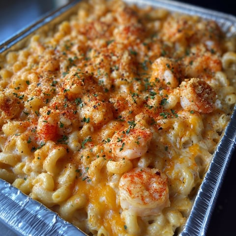 A delicious seafood mac and cheese dish is served in a tin foil container.