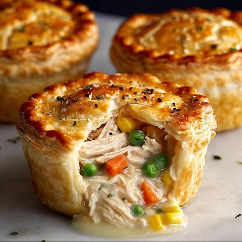 A close-up of a delicious chicken pot pie, filled with chicken, peas, and carrots, served in a flaky pastry crust.