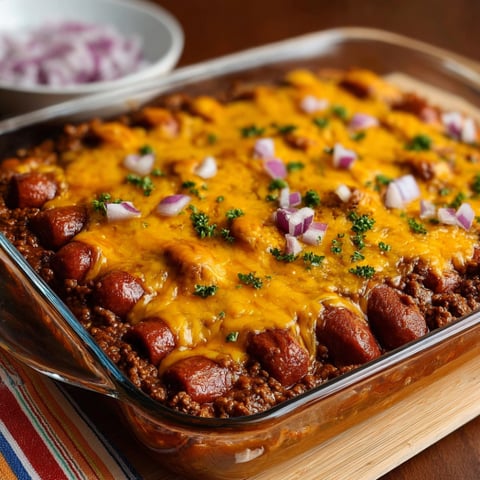 A delicious chili cheese dog casserole is ready to be served.