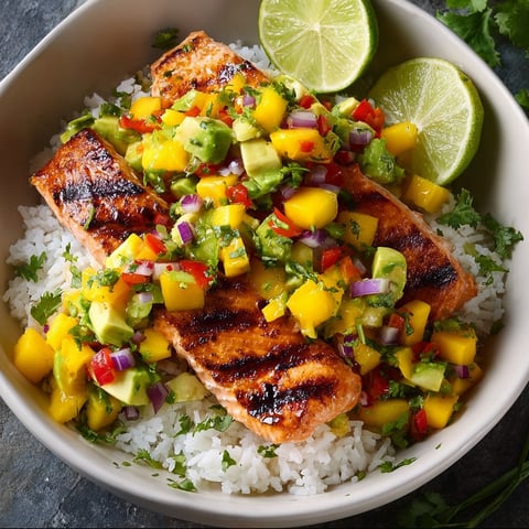 A bowl of grilled salmon with mango salsa and coconut rice.
