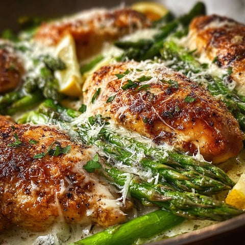 A delicious meal of Caesar Chicken with Asparagus.