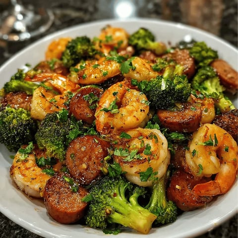A delicious Honey Garlic Shrimp, Sausage and Broccoli dish is served in a white bowl.