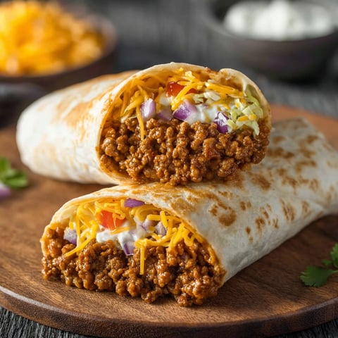 A delicious Taco Bell Beefy Melt Burrito is served on a wooden platter.