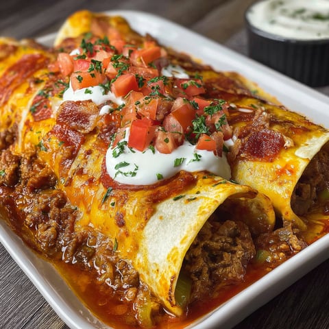 A delicious meal of Pizza Enchiladas with Pepperoni Beef is served on a white plate.
