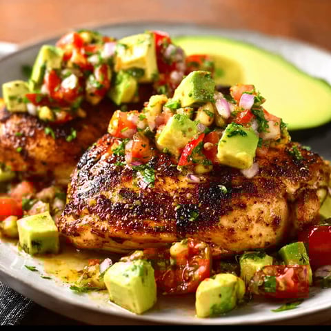 A plate of Fiesta Lime Chicken with Avocado Salsa, topped with tomatoes and lime.