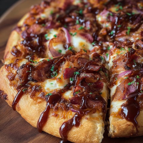 A slice of Barbecue Bacon Pizza on a wooden cutting board.