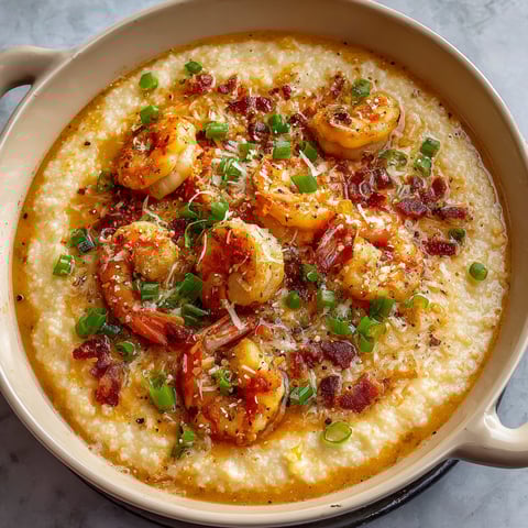 A bowl of Cajun New Orleans Shrimp and Grits, topped with bacon and green onions.
