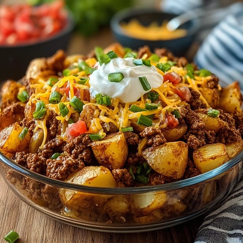 A delicious meal of Cheesy Taco Potatoes is served in a glass bowl.