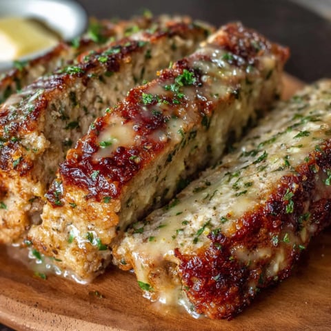 A delicious Parmesan Chicken Meatloaf is served on a wooden platter.